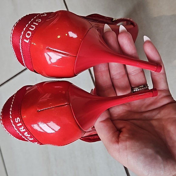 Louis Vuitton Red Patent Leather Logo Heels [size 37] - Picture 3 of 9